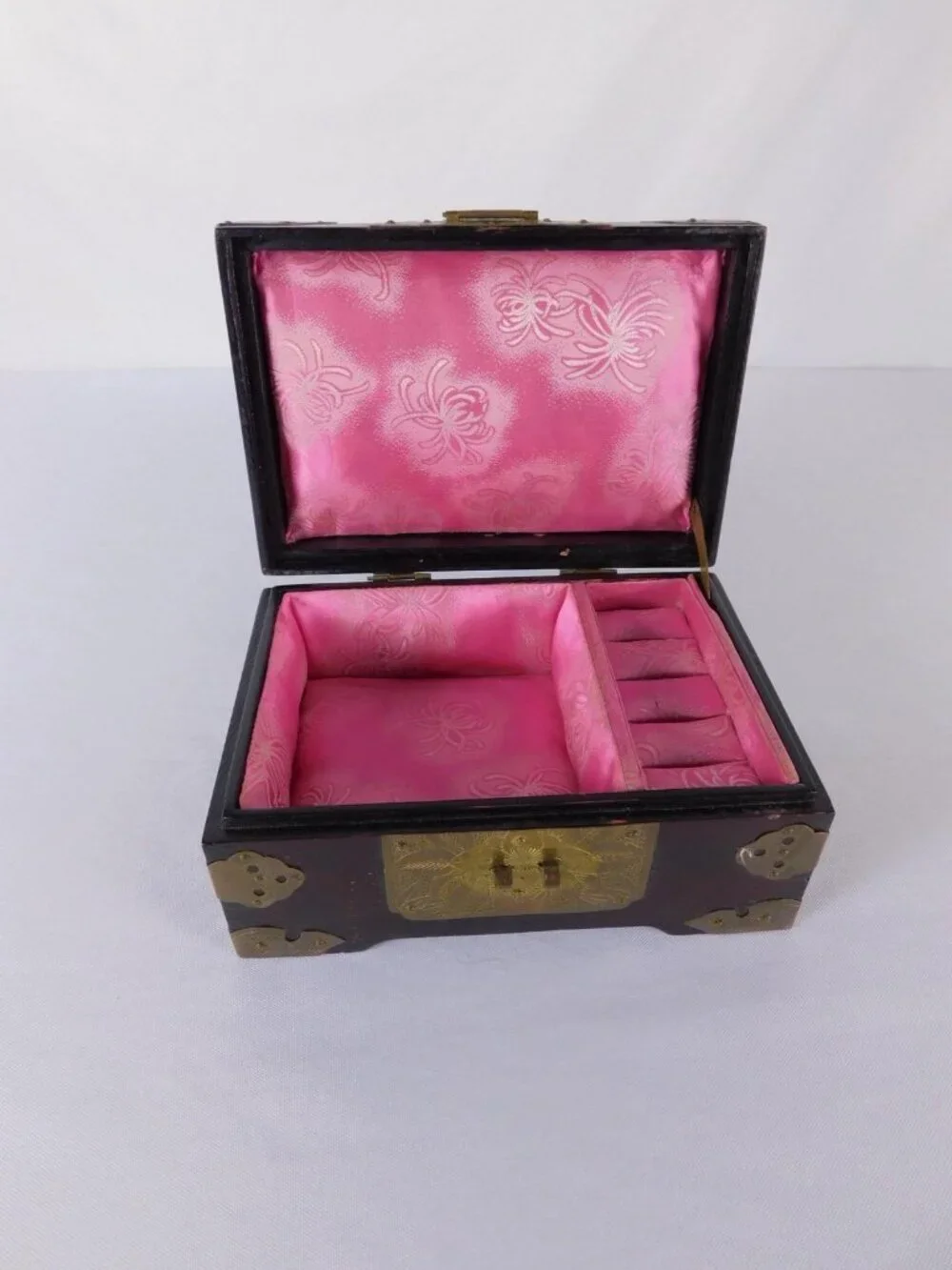 Vintage Chinese Wood Jewelry Box Brass Hardware Jade Inlay Style Lined Trinket